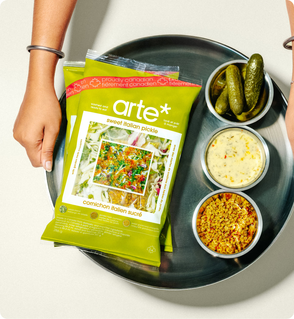 arte sweet Italian pickle salad on tray with ingredients